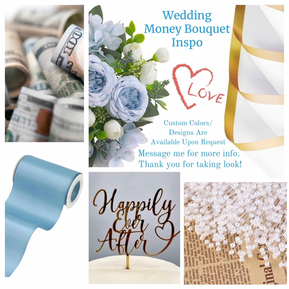 Wedding Money Bouquet- Light Blue With White & Gold Accents Pick Your $$$